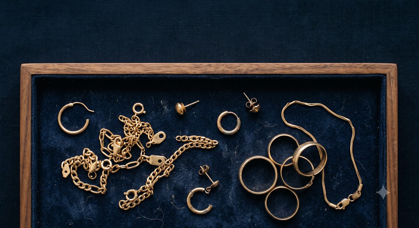Oro roto, cadenas y anillos sobre la bandeja de tasación