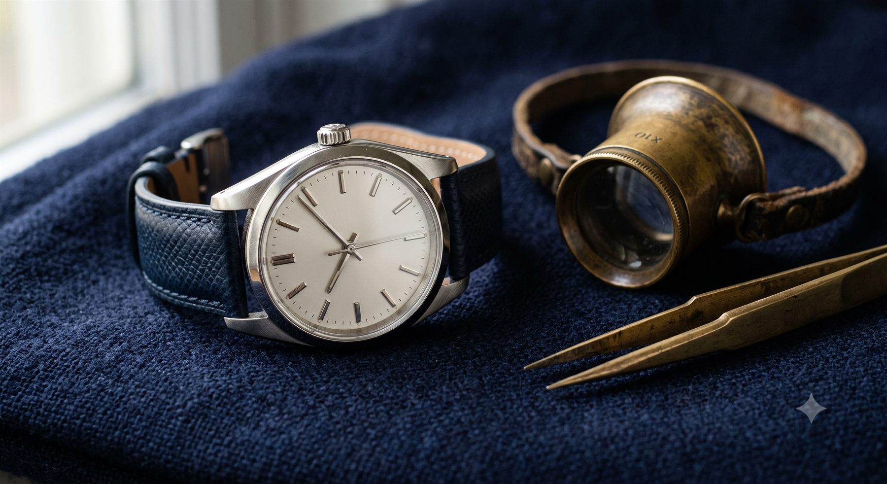 Reloj y lupa de relojero sobre paño azul